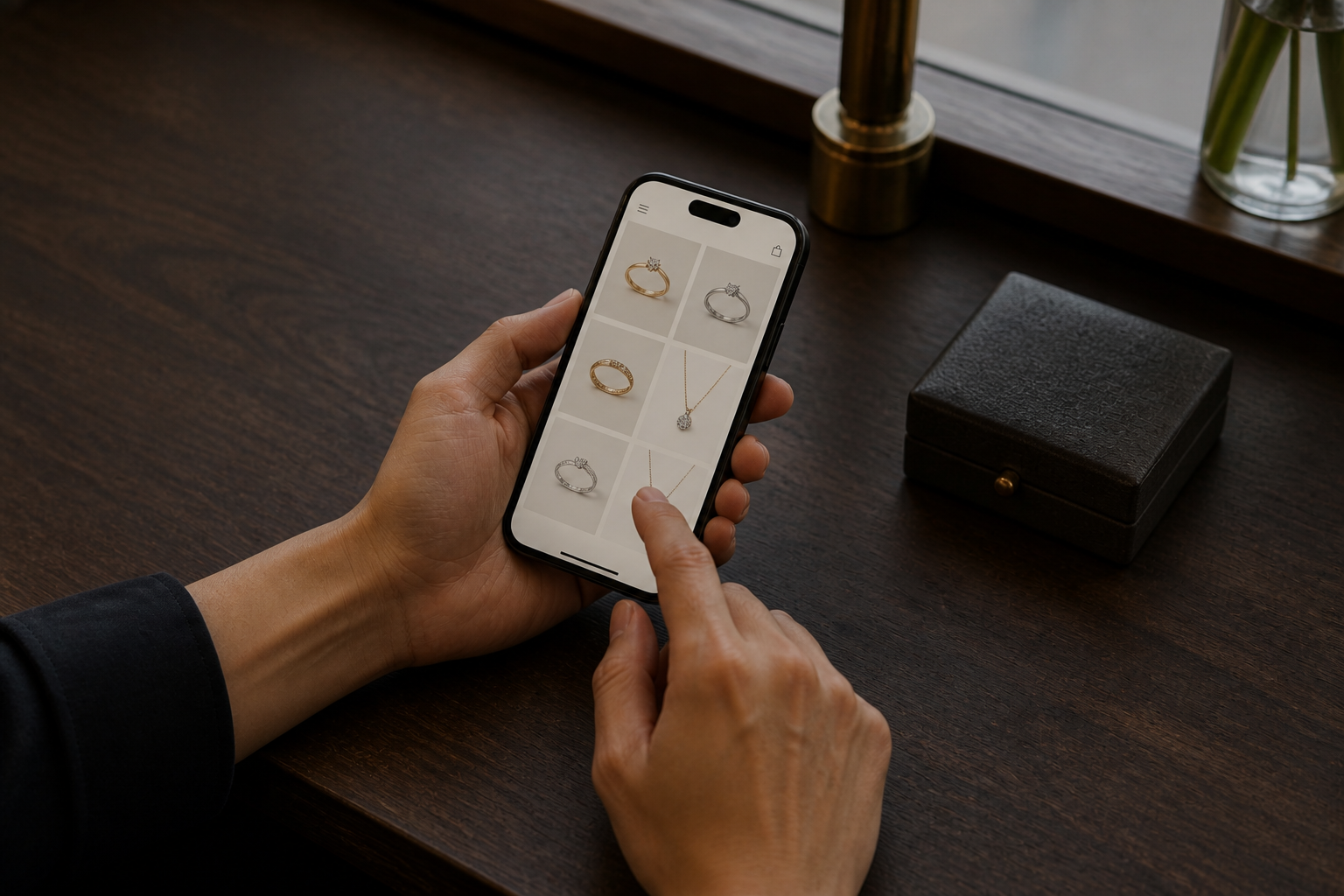スマートフォンでジュエリー商品を選ぶお客様の手元